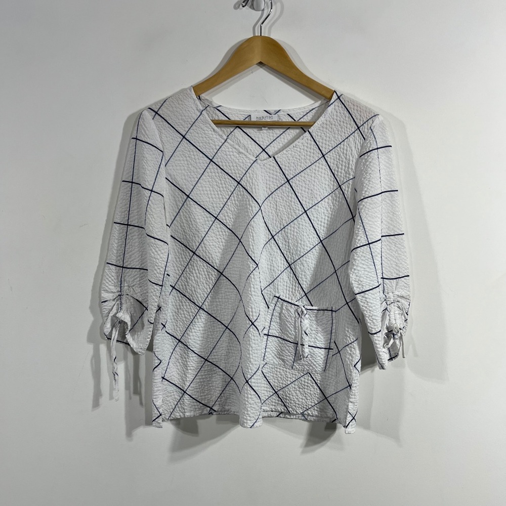 Habitat Artsy Boho Windowpane Seersucker V-Neck Top Womens Small Lagenlook